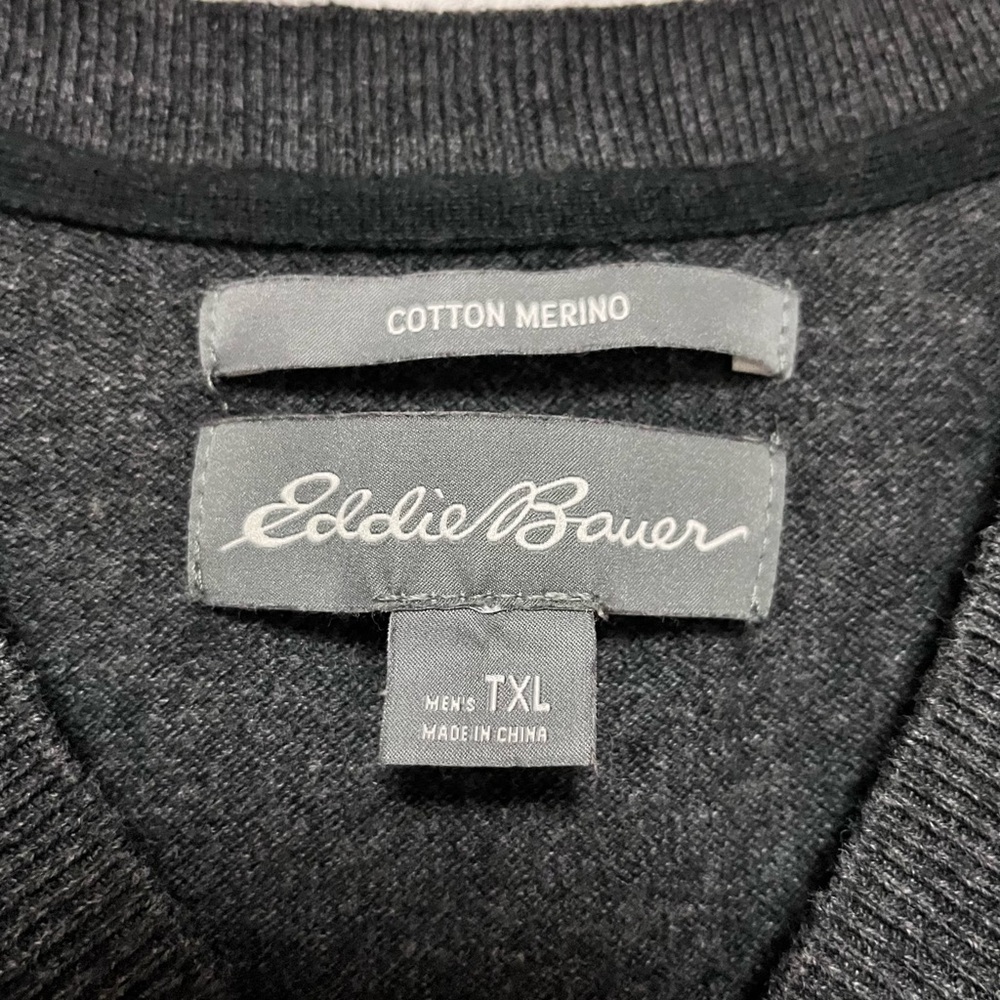 Eddie Bauer Sweater Mens XLT Cotton Merino Wool Gray Vneck Classic Preppy - Picture 5 of 10